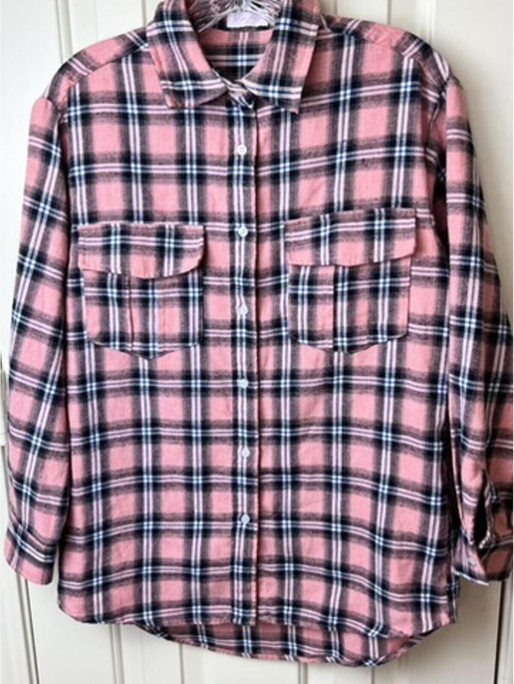 Pink Lily Rory, Plaid Pink/Navy Women's Long Sleeve Flannel Button-Down Shirt SM